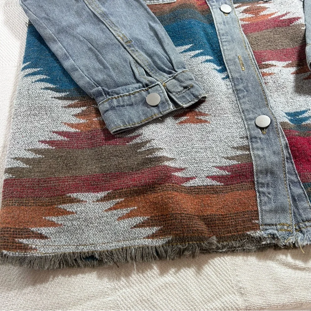 Zaful Womens Aztec Southwestern Denim Jacket Shacket Blue Red Size S New